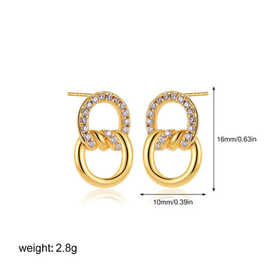 18K Gold Double D Ring Micro Inlaid Zircon Bends And Hitches Stud Earrings - Zambeel