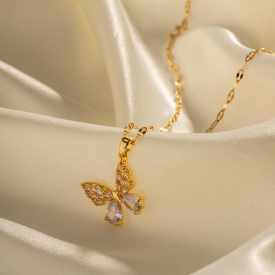 18K Gold Stainless Steel Inlaid White Zircon Butterfly Pendant Necklace - Zambeel