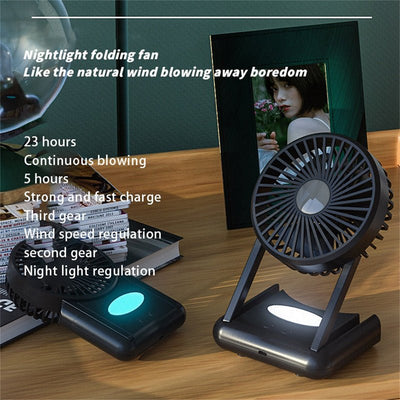 23 Hours Mini Silent Handheld Fan LED Night Light Fan Desktop Folding Small Electric Fan Portable Fan - Zambeel