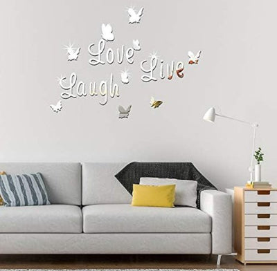 3D Acrylic Mirror Butterfly Stickers Silver Love Live Laugh Butterfly Wall Letters Butterfly, Home Decoration Decal - Zambeel