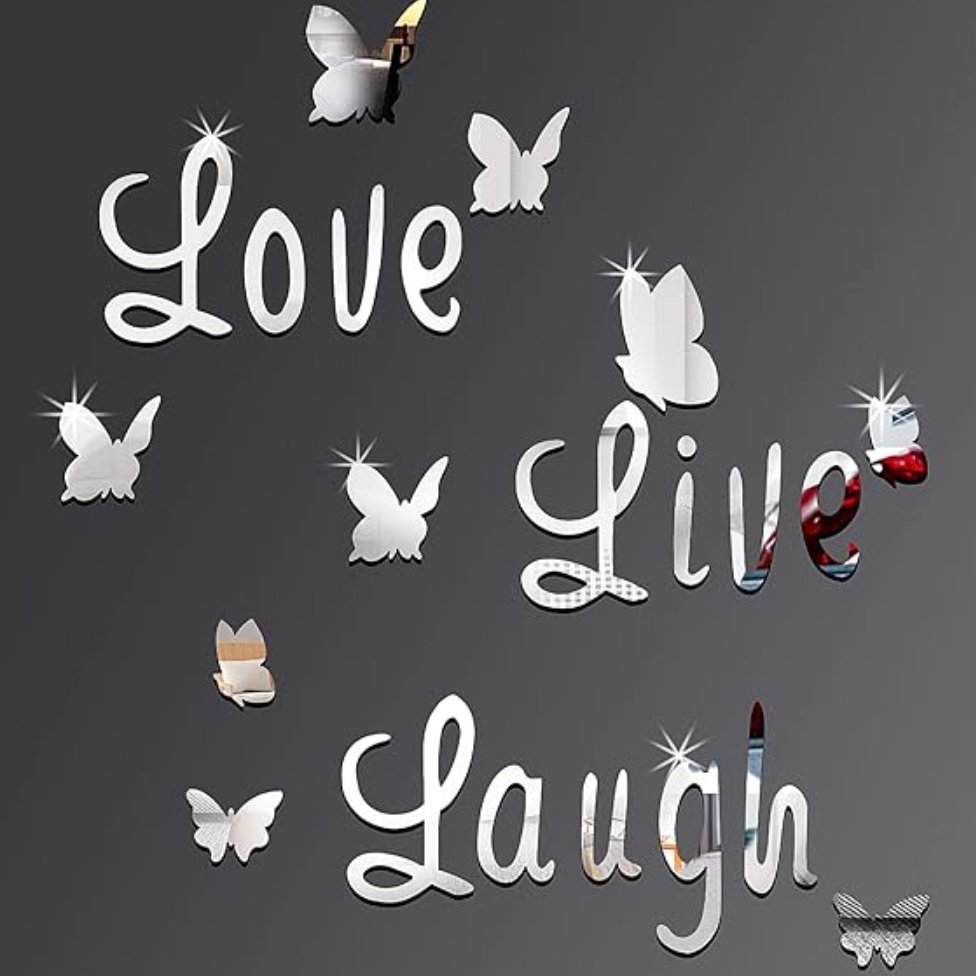 3D Acrylic Mirror Butterfly Stickers Silver Love Live Laugh Butterfly Wall Letters Butterfly, Home Decoration Decal - Zambeel