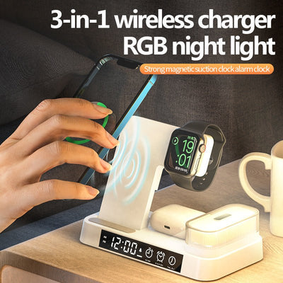 4 In 1 Multifunction Wireless Charger Station With Alarm Clock Display Foldable Wireless Charger Stand With RGB Night Light - Zambeel