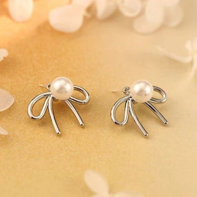 925 Sterling Silver Stud Earrings Light Luxury Shell Pearls Bow Special - interest Design - Zambeel