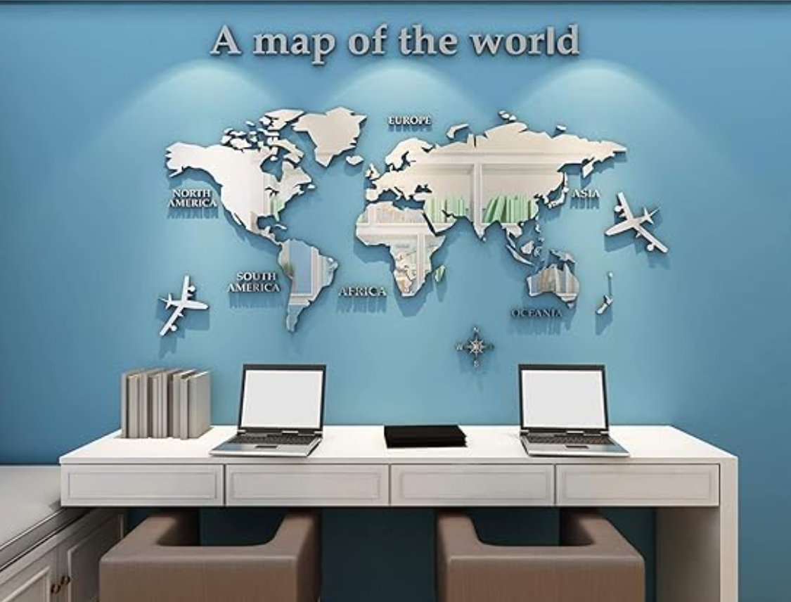 Acrylic 3D Wall Decor World Map Wall Decar for Office Decoration (Large) - Zambeel