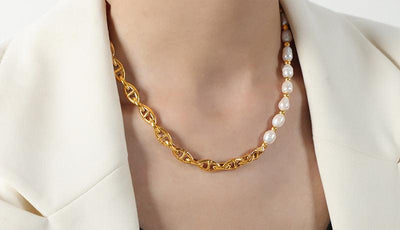 All - Match Titanium Steel Gold - Plated Freshwater Pearl Necklace - Zambeel