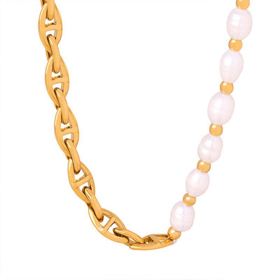 All - Match Titanium Steel Gold - Plated Freshwater Pearl Necklace - Zambeel