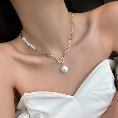 Asymmetric Metal Freshwater Pearl Necklace - Zambeel