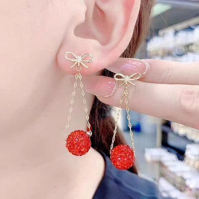 Autumn And Winter Golden Bow With Red Rhinestone Fashion Simple Eardrops - Zambeel