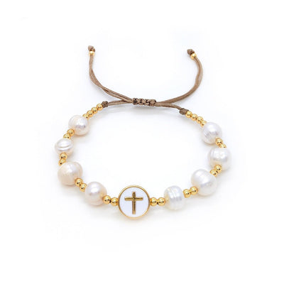 Baroque Natural Pearl Knitting Accessories All - match Beaded Cross Bracelet - Zambeel