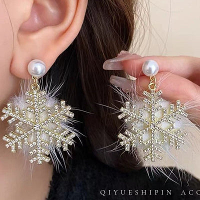 Christmas Snowflake Earrings Women's Full Diamond Pearl Plush Earrings - Zambeel