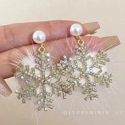 Christmas Snowflake Earrings Women's Full Diamond Pearl Plush Earrings - Zambeel