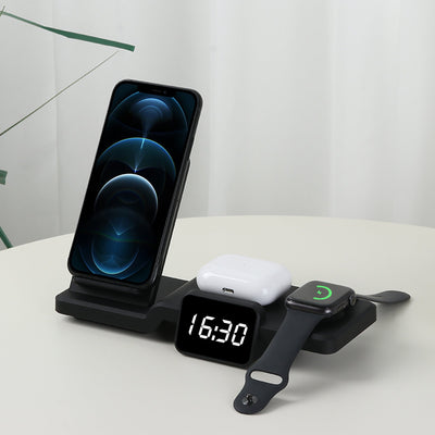 Compatible with Apple , Watch Headset Four - in - one Wireless Charger Mobile Phone Fast Charging Stand With Clock - Zambeel