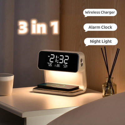 Creative 3 In 1 Bedside Lamp Wireless Charging LCD Screen Alarm Clock Wireless Phone Charger - Zambeel