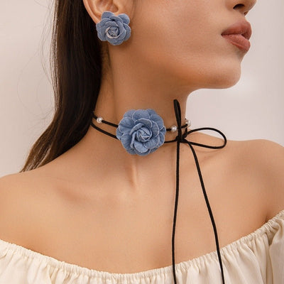 Denim Camellia Beaded Lace - up Necklace And Earrings Suite - Zambeel