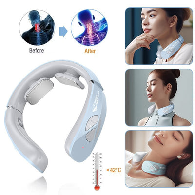 Electric Neck Massager EMS Pulse Rechargeable USB Cervical Traction Therapy Massage Stimulator Pain Relief Heating Function - Zambeel