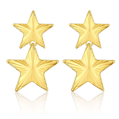 European And American Metal Fashion Brass Artificial Gold Earrings Geometric Five - pointed Star Double Layer - Zambeel