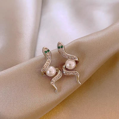 Exquisite Full Rhinestone Zircon Simulated Snakes Bead Stud Earrings For Women - Zambeel