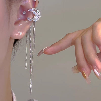 Fashion Elegant Zircon Awn Star Moon Tassel Non - piercing Ear Clip - Zambeel