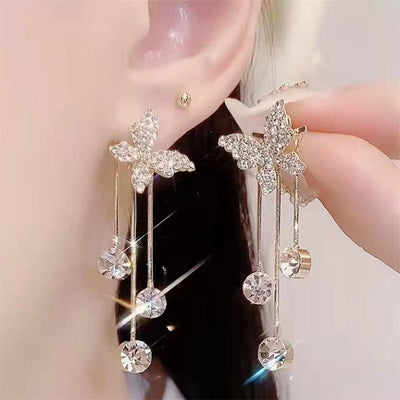 Fashion Jewelry Shiny Butterfly Rhinestone Drop Dangle Earrings Women Elegant Long Pearl Tassel Chain Pendant Party Jewelry - Zambeel