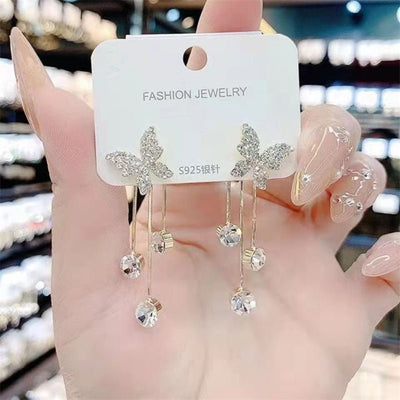 Fashion Jewelry Shiny Butterfly Rhinestone Drop Dangle Earrings Women Elegant Long Pearl Tassel Chain Pendant Party Jewelry - Zambeel