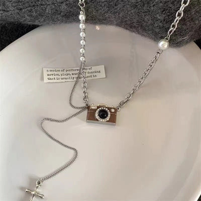 Fashion Retro Coffee Color Camera Necklace Asymmetric - Zambeel