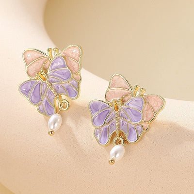 French Butterfly Oil Drop Pink Fashionable Retro Hong Kong Style Earrings For Women, Gentle And Super Fairy Pearl Personality Earrings - Zambeel