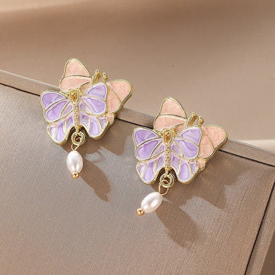 French Butterfly Oil Drop Pink Fashionable Retro Hong Kong Style Earrings For Women, Gentle And Super Fairy Pearl Personality Earrings - Zambeel