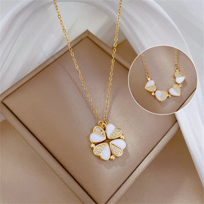 Luxury Four Leaf Clover Pendant Necklace Stainless Steel Crystal Heart Jewelry For Women Gift - Zambeel