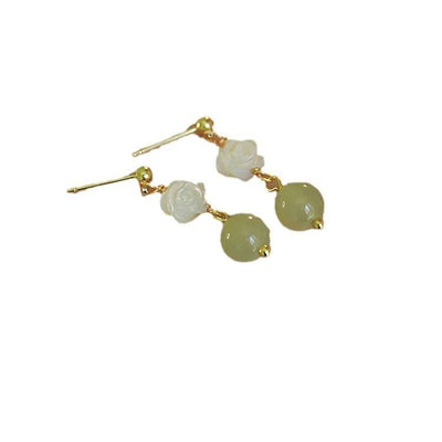 Natural Fritillary Hetian Jade Ear Studs White Lip Shell Flowers - Zambeel