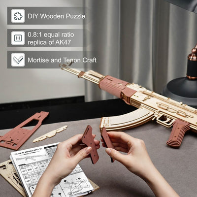 Robotime Rokr Automatic Rifle AK - 47 3D Wooden Assembly Gun Double Firing Modes Funny DIY Toys For Kids Adults Justice Guar LQ901 - Zambeel