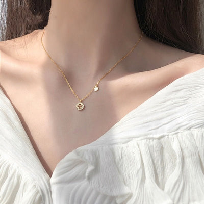 S925 Silver Diamond Clover Element Round Necklace Elegant Sweet Style Clavicle Chain Female - Zambeel