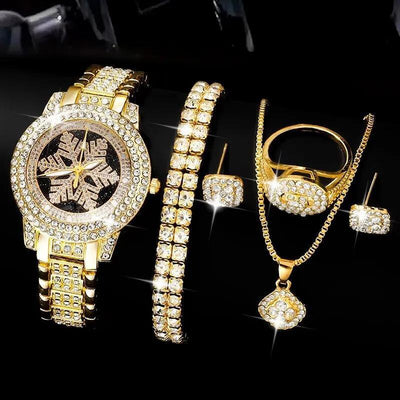 Snowflake Pattern Watch Luxury Full Rhinestone Jewelry Five - piece Set - Zambeel