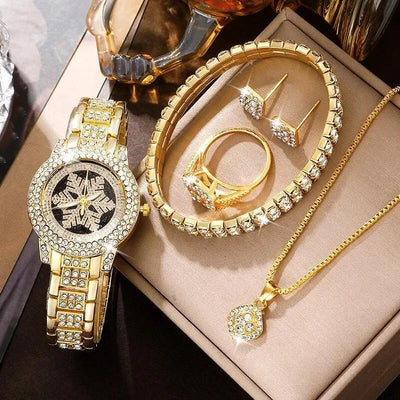 Snowflake Pattern Watch Luxury Full Rhinestone Jewelry Five - piece Set - Zambeel