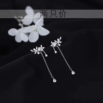 Sterling Silver Diamond Flower Long Women's Earrings - Zambeel