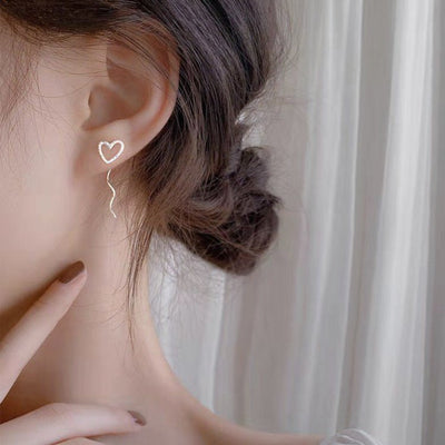 Sterling Silver Hollow Heart Wavy Ear Threads Female Niche Design - Zambeel