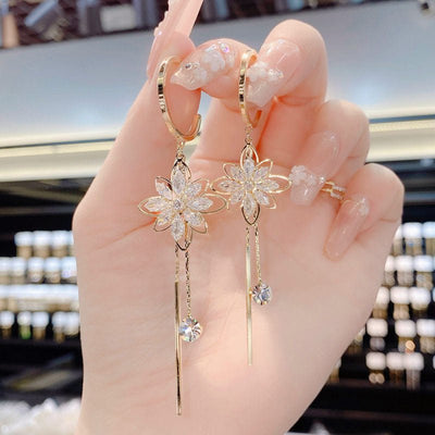 Stylish Flower Earrings Women's Tassel Imitation Crystal - Zambeel